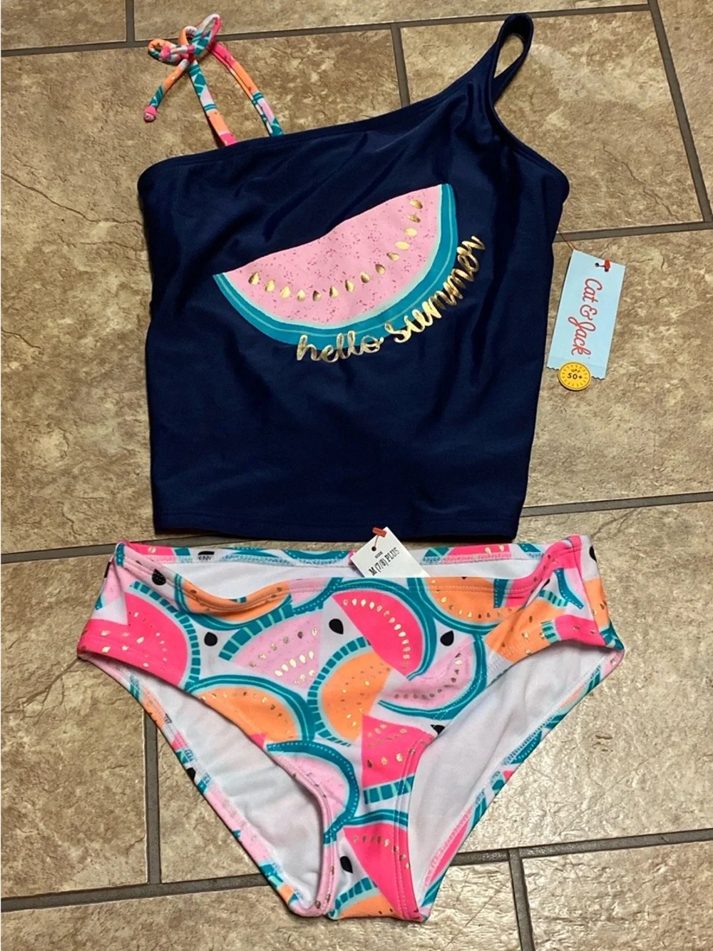 Girl’s Navy Tankini with Pink, Teal & Coral Watermelon Print 7/8 Plus NWT Summer